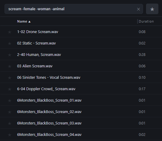 "scream -female -woman -animal" 검색 결과 화면