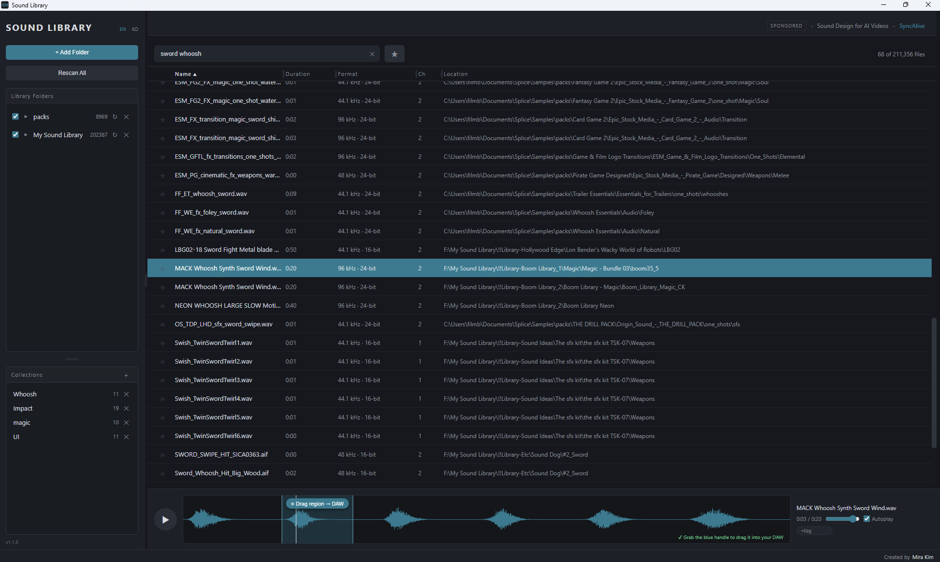 Sound Library app window showing library folders, search results, tags, collections and a waveform preview