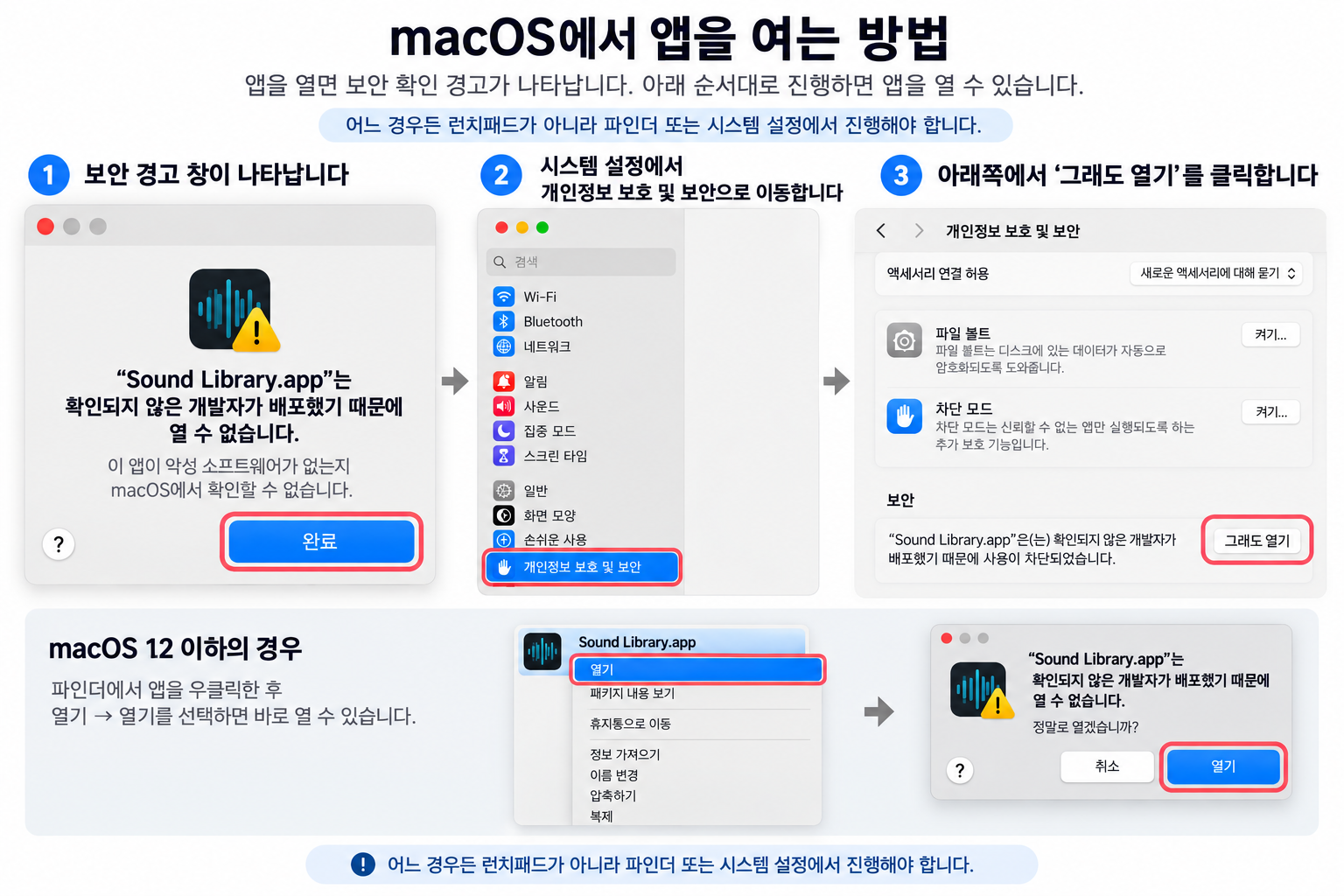 macOS에서 앱 확인 경고가 뜨는 화면